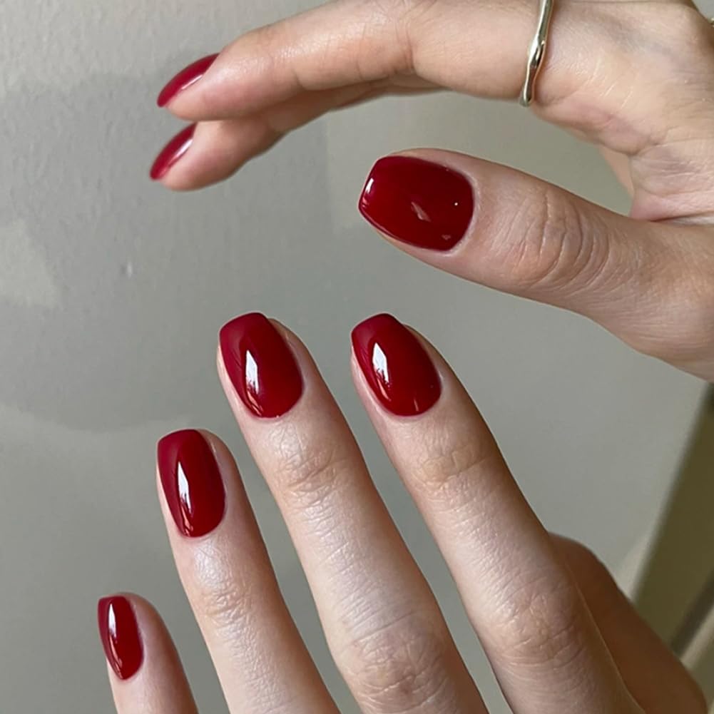 WAFOLOZE Short Square Press On Nails - Red Press On Nails Short Fake Nails with Nail Glue, Artificial Nails 16 Sizes - 32Pcs Reusable Soft Gel False Nails Tips Kit,Stick On Nails for Women