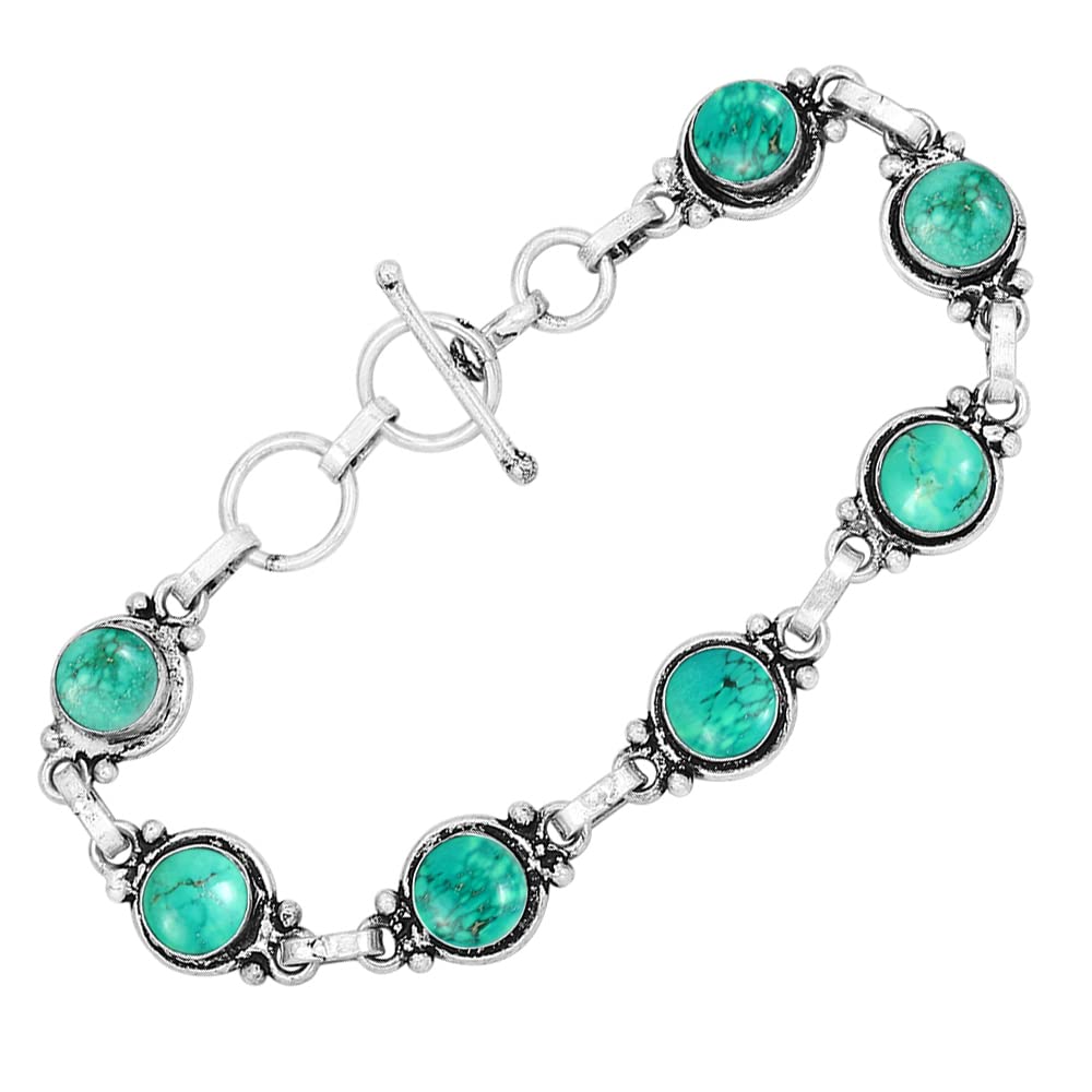 Natural Turquoise 925 Silver Plated Round Gemstone Adjustable Bracelet for Women - December Birthstone Bohemian Vintage Style Handmade Jewelry Bracelet - Gift for Her