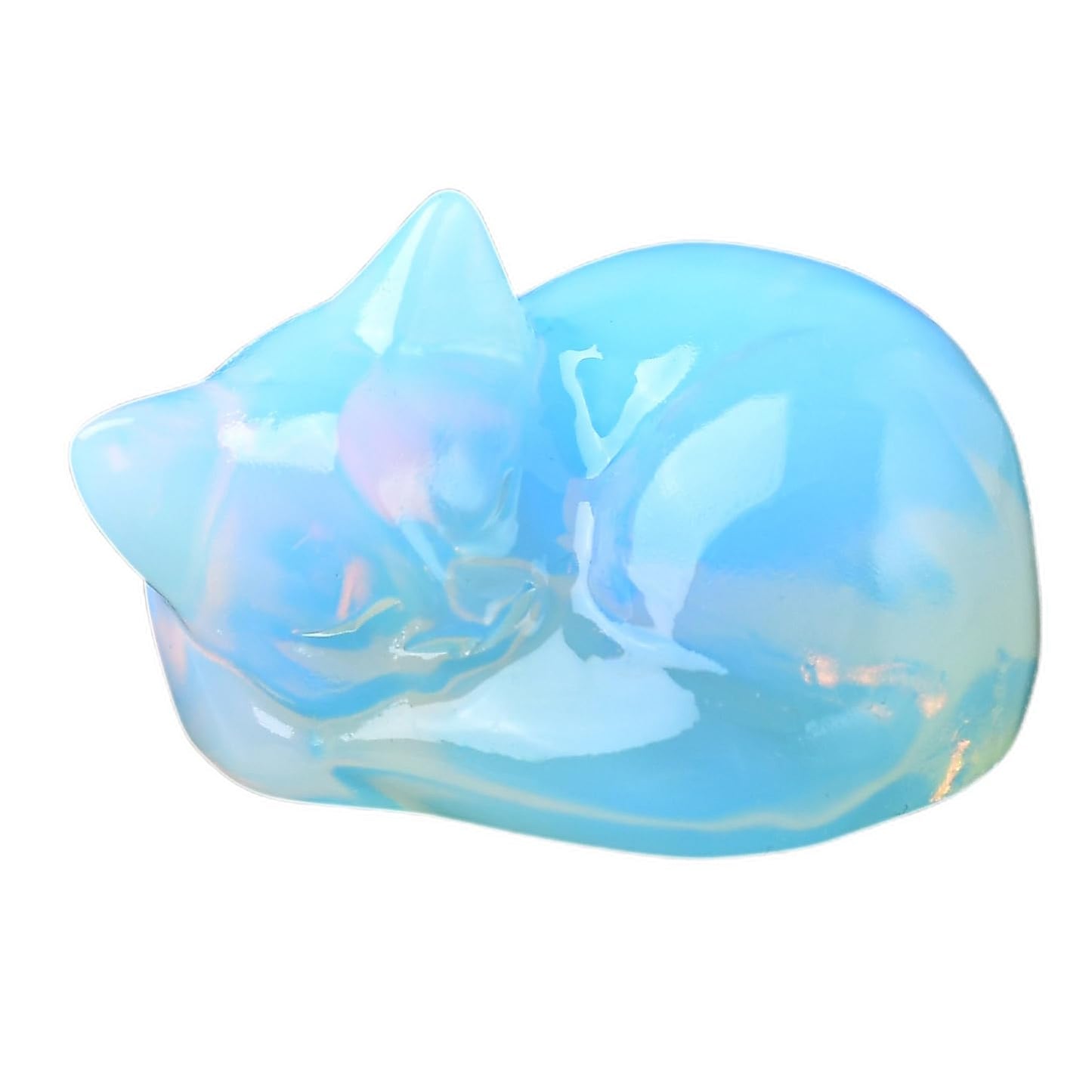 RUIJINGYUAN Opal Cat Statue - 2 Inch Hand Carved Healing Crystal Figurine, Sleeping Cat Stone Sculpture for Desk Decor, Office Home Gift for Cat Lovers