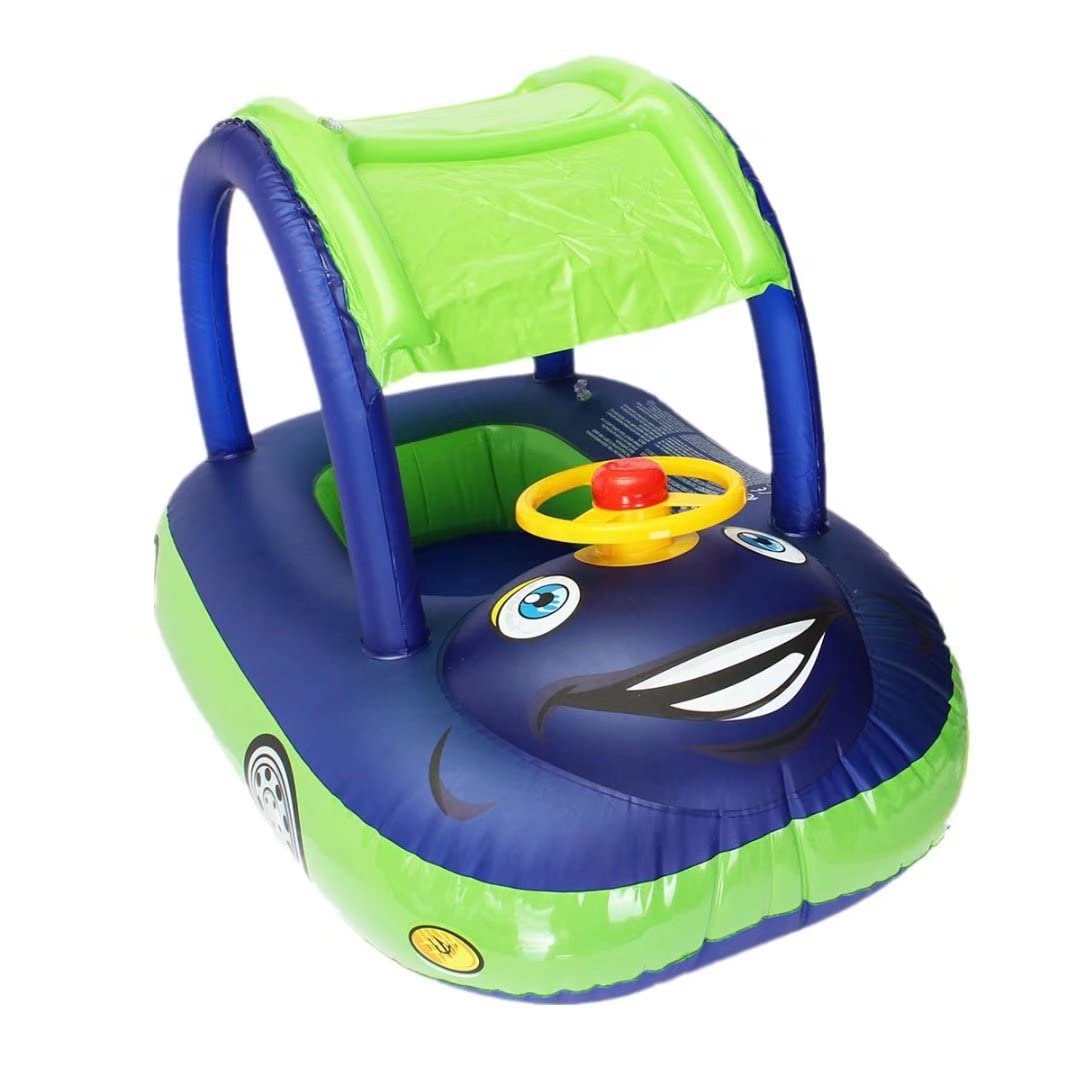 baby pool float with canopy Summer Steering Wheel Sunshade Swim Ring Car Inflatable toys infants Float Seat Boat for kids toddlers(Color blue)