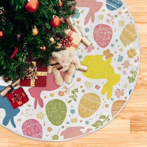 Easter Eggs Bunny Tree Skirt 36 in Rabbits Peeps Egg Christmas Tree Skirt Floral Flowers Xmas Tree Skirts Stand Mat Easter Holiday Party Garden for Indoor Outdoor Home Office Ornaments