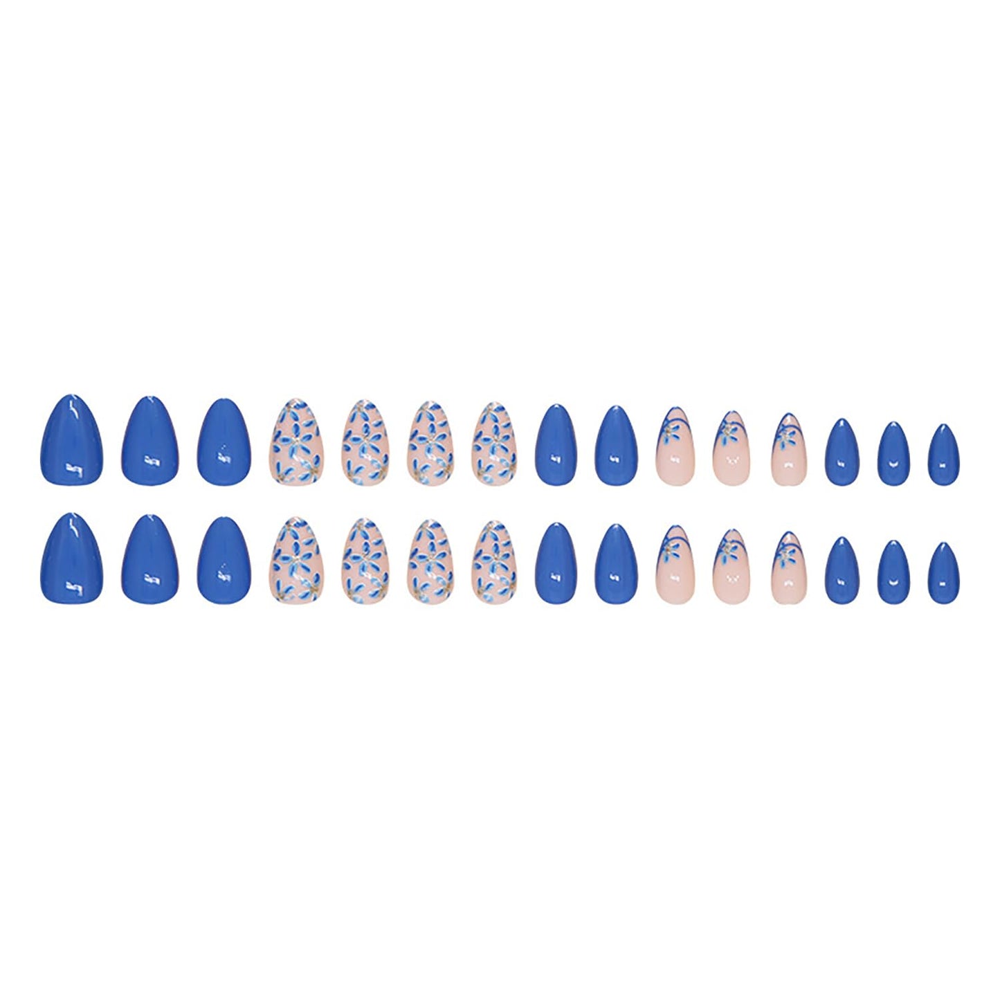 SWEKKE Blue Short Almond Press-on Nails - Full Cover Floral With Gold Glitter, Glossy French Acrylic Design - Handmade Manicure for Women and Girls - 24 Pieces