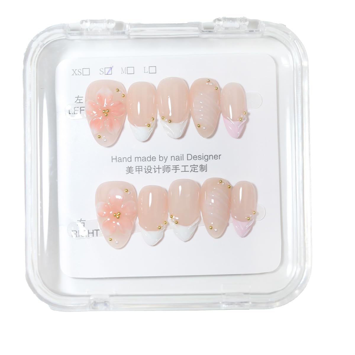 10 Pcs Short Almond Handmade Press On Nails | 3D Pink Floral & French Tip, Pink Swirl & Gold Dot Accents| Skip Salon Trips, Easy to Apply & Remove, Reusable (RR09, XS)