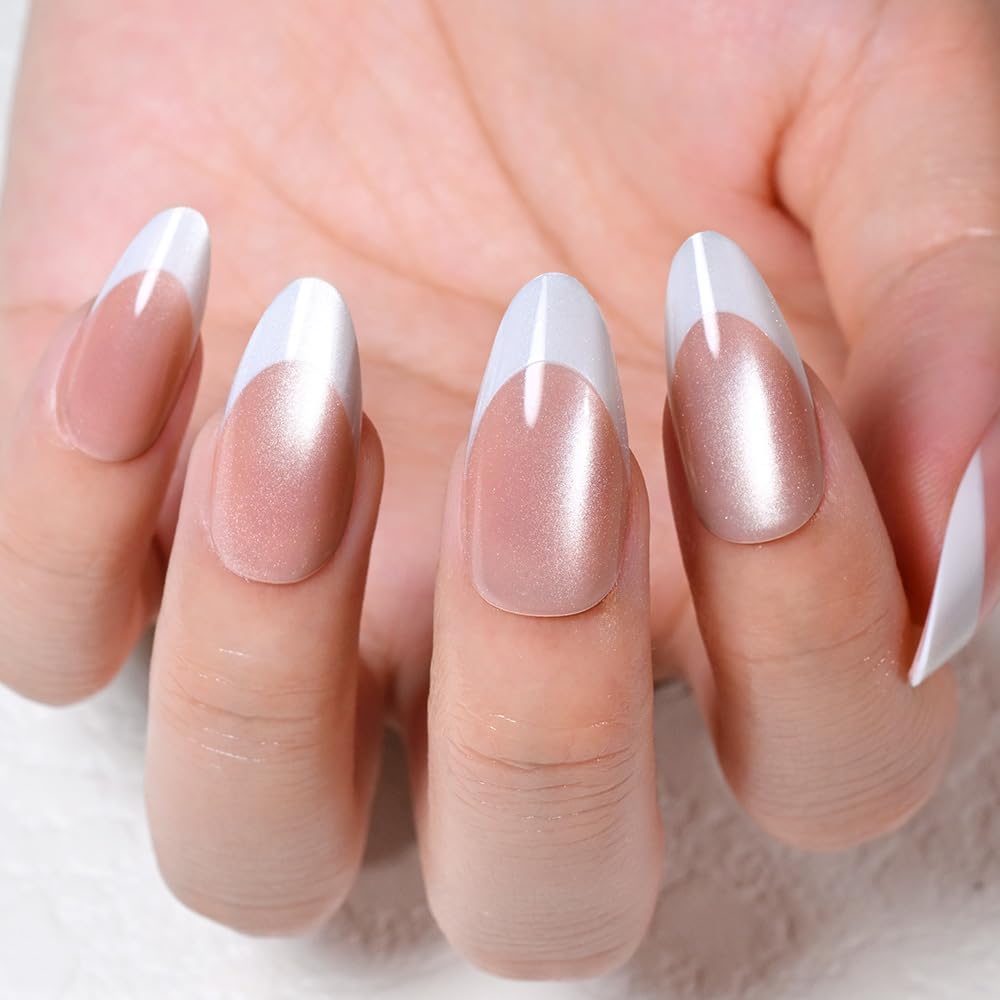 evpct Brown Cat Eye French Tip Press on Nails Almond Medium No Glue, White French Tip Medium Almond Holographic Stick on Nails for Women, Reusable Full Cover Soft Press on Nail Perfectly with Design