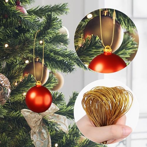 300Pcs Christmas Ornaments Hanger String, Gold Ribbon Ornament Hook Ropes Precut String, with Snaps Locking, for Xmas Ornament Hanging Decorations