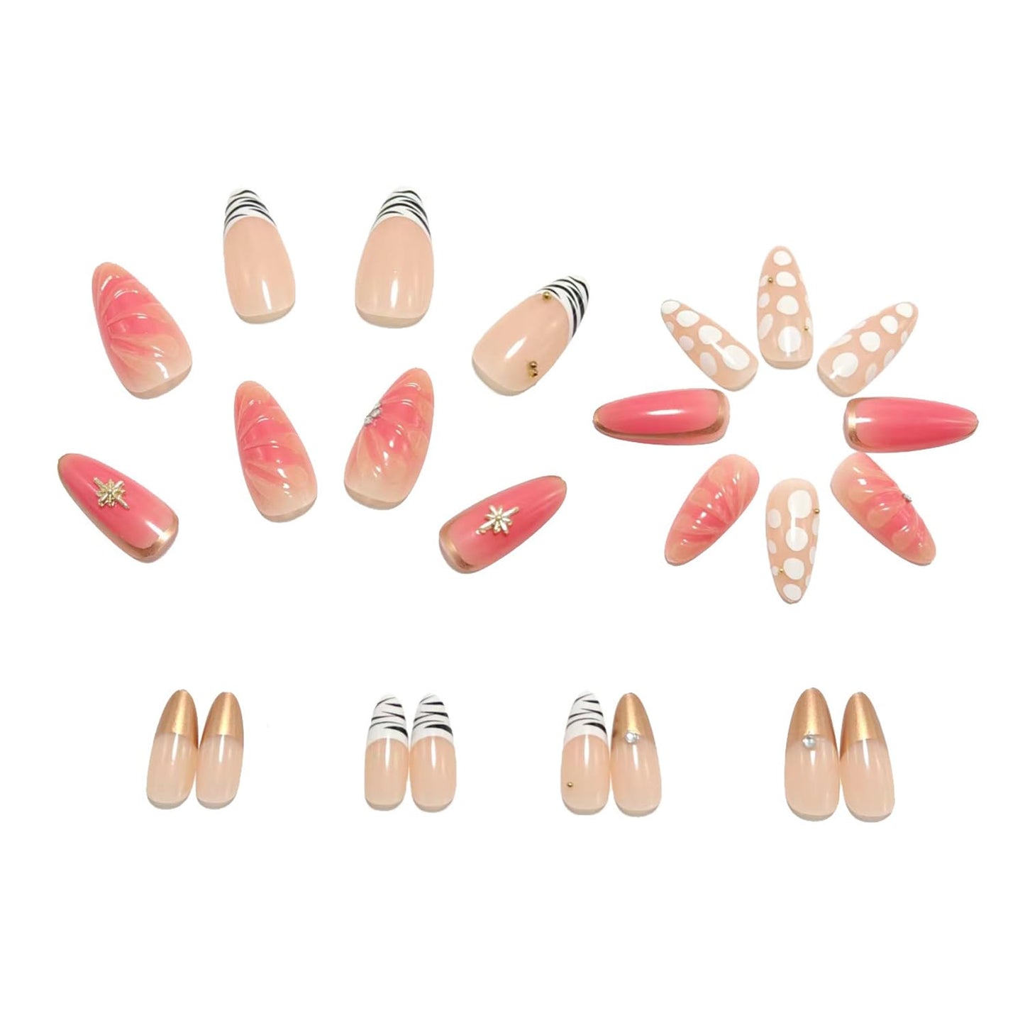 24Pcs Summer Starfish Press on Nails Medium Almond Fake Nails gradient Polka Dot Stripe Gold Beads Design Glossy Pink False Nails French Tip Stick on Nail for Women DIY Manicure