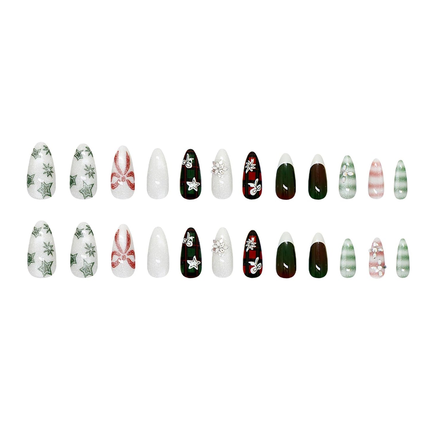 24pcs French Tip Press on Nails Medium Almond Fake Nails with 3d Snow Rhinestones Designs False Nails Christmas Glue on Nails Winter Snowflake Full Cover Artificial Stick on Nails Decoration for Women