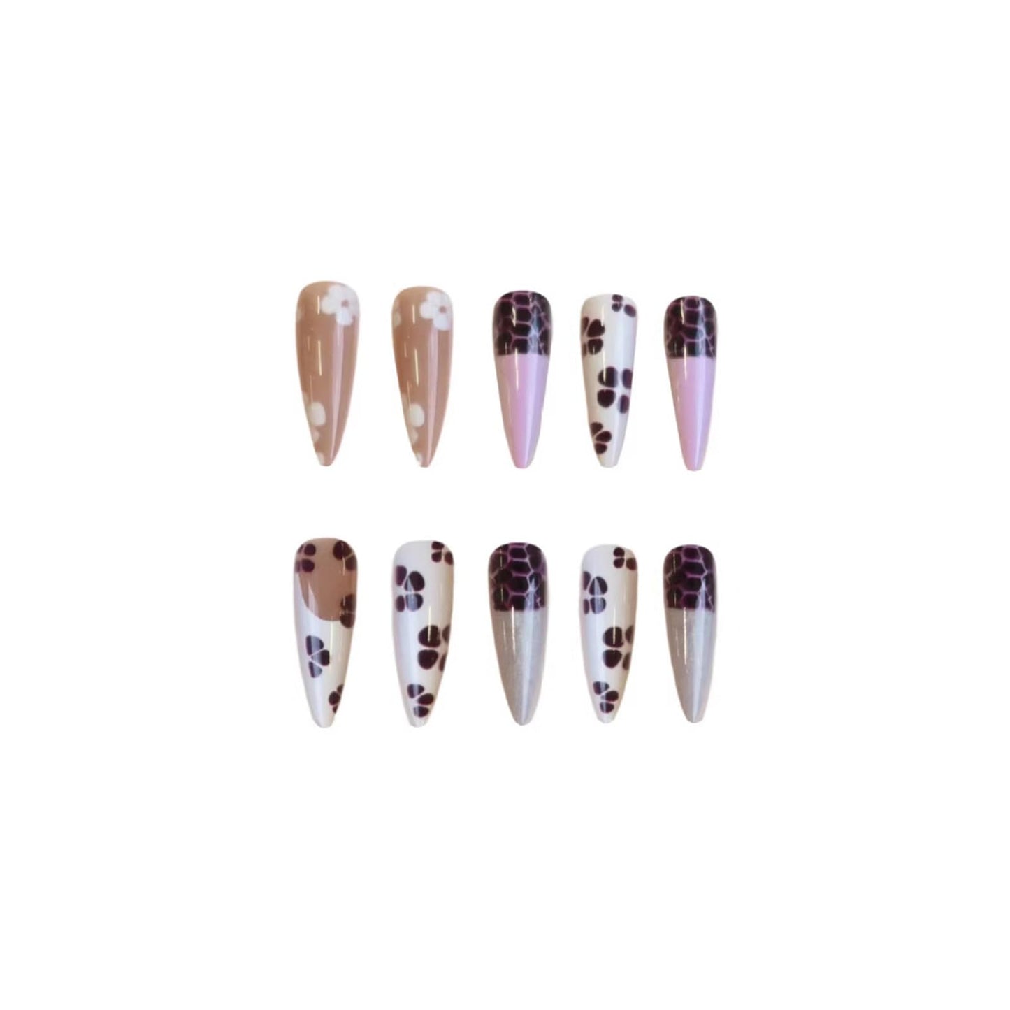 SINHOT Stiletto Press on Nails - Long Fake Nails, Glossy Finish, White Purple Flower & Glitter, Reusable Artificial False Nail Art - 24 Pcs Nail Kit with Glue