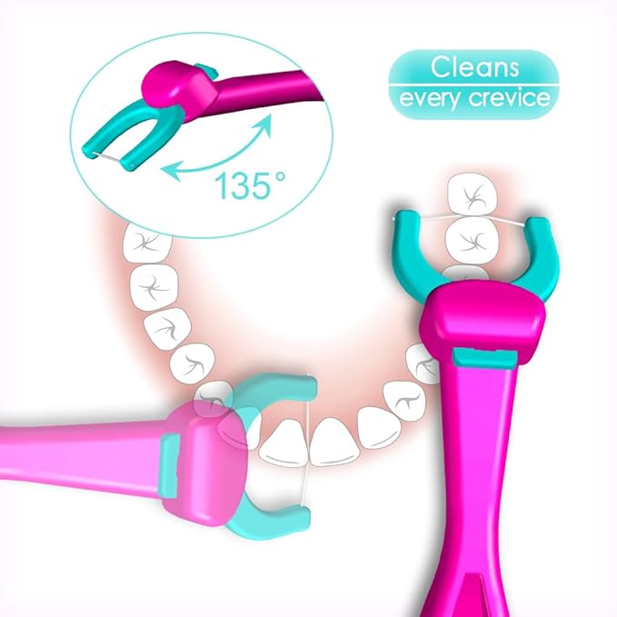 T.Smile Kids Evolutionary Clean Dental Flosser Kit, Child-Sized Handle & Refills, Fluoride Free, for Ages 3+, (Blue Handle + 120 Biodegradable Refills)