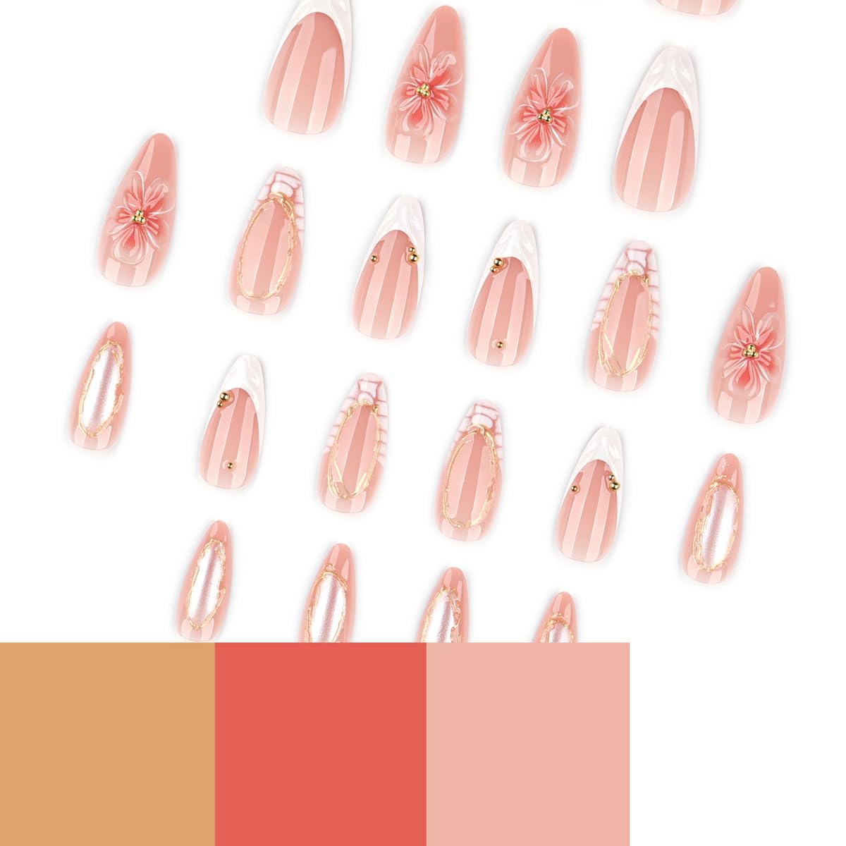 Summer Press on Nails Almond Fake Nails Gold Medium Nails Press ons with 3D Flower & Shell Texture Design Artificial Acrylic Nails Reusable Full Cover Glue on Nails for Women Manicure 24Pcs