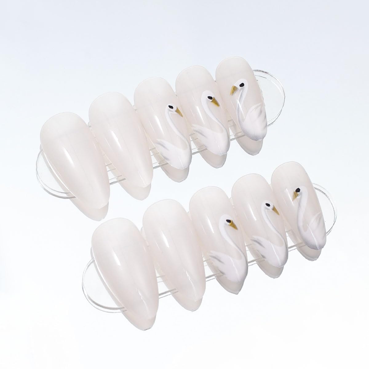 Nailora 24 Pcs White Swan Press On Nails | Almond Shape Stick On Nails | 3D Elegant Gel Glue False Nails | Ballet Aesthetic Manicure for Women