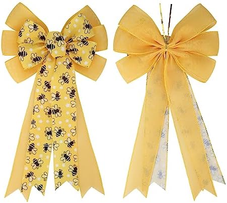 Meseey Large Yellow Bumble Bee Burlap Bow Black and Yellow Honey Bee and Floral Wreaths Bows for Gift Wrapping Tree Topper Front Door Party Home Decorations (Bee) (Y-Bumblebee)