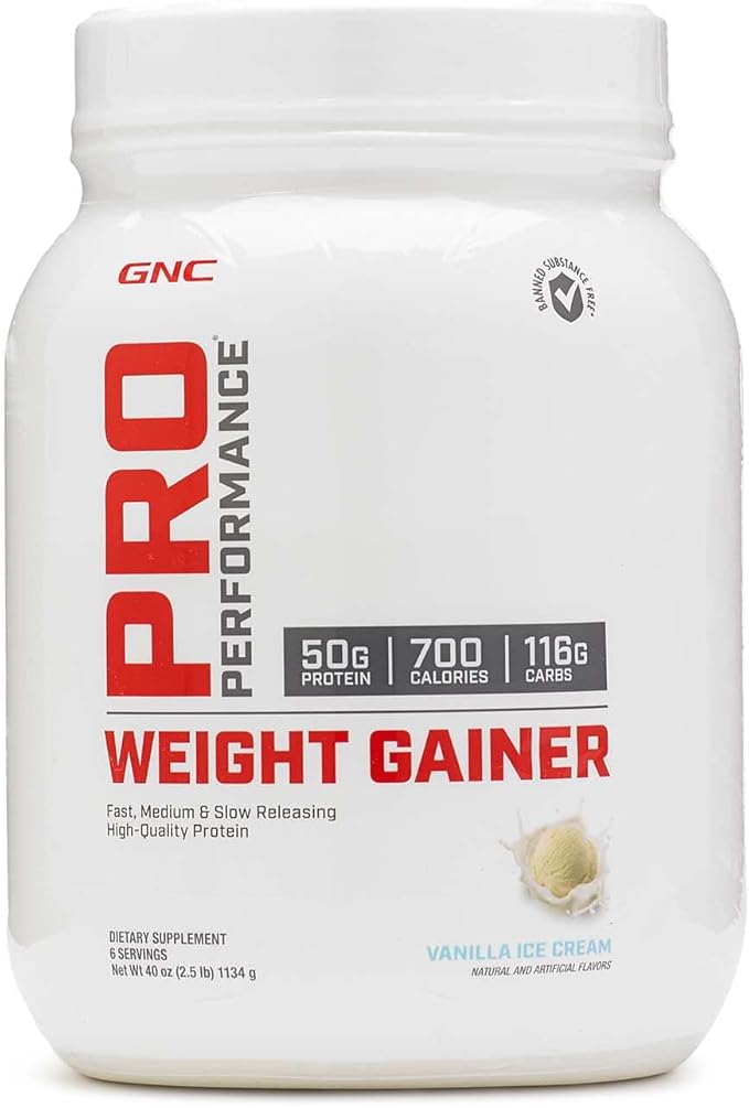 GNC Pro Performance Weight Gainer Protein Powder, 50g Protein, High Calorie, 700 Calories, Supports Mass and Muscle Recovery, MCT, BCAA, 3rd Party Tested, Vanilla Ice Cream, 6 Servings, 2.5 lbs