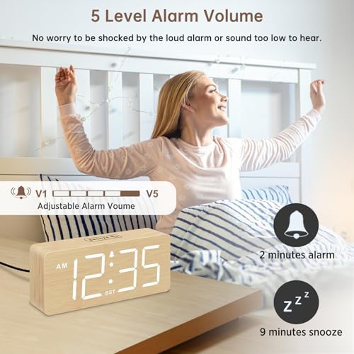 DreamSky Wooden Digital Alarm Clock for Bedroom with Large Numbers | Desk Clock for Living Room Office, Loud Alarm for Heavy Sleepers Adults, Volume Control, Dimmer, DST, Wood Decor (Plug-in)