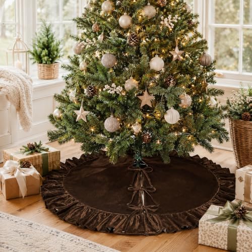 Christmas Tree Skirt,Velvet Tree Skirt with Ruffled Edge, Classic Large Velvet Fur Plush Tree Skirt for Merry Christmas(Brown,60Inch)