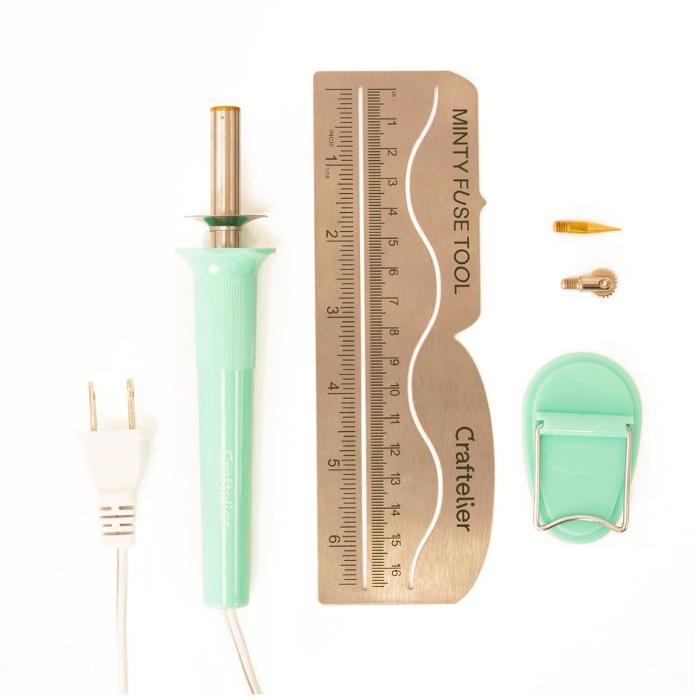 Craftelier - Minty Fuse Tool – Heat Sealing & Cutting Tool for Plastic Sheets, Create Custom Pockets, Shakers & Crafts – Includes Fine Tip, Toothed Tip, Metal Ruler Guide & Rest Stand – Mint Green