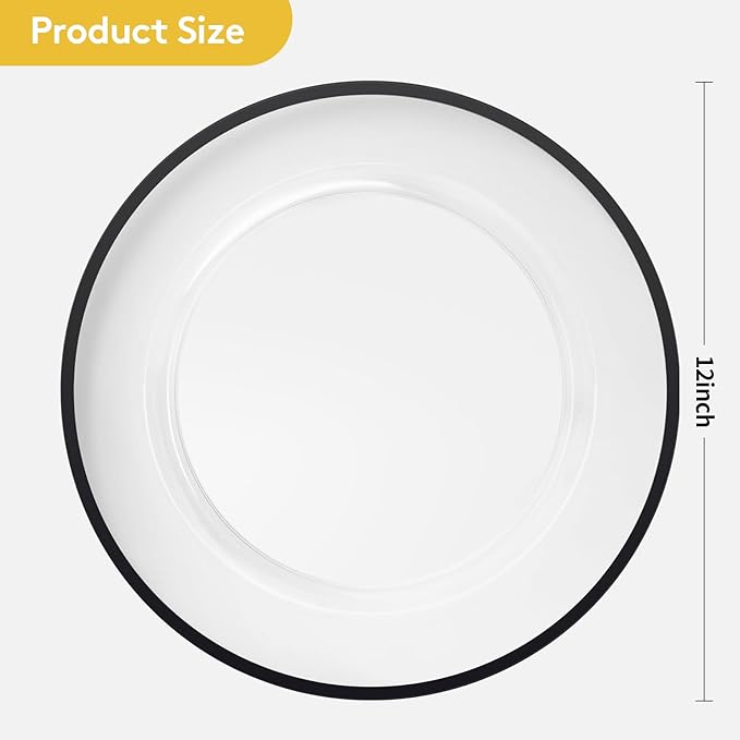 Goodluck 12 Inch Black Charger Plates, 50 Pack Clear Charger Plates with Black Trim, Disposable Plastic Dinnerware, Wedding, Party