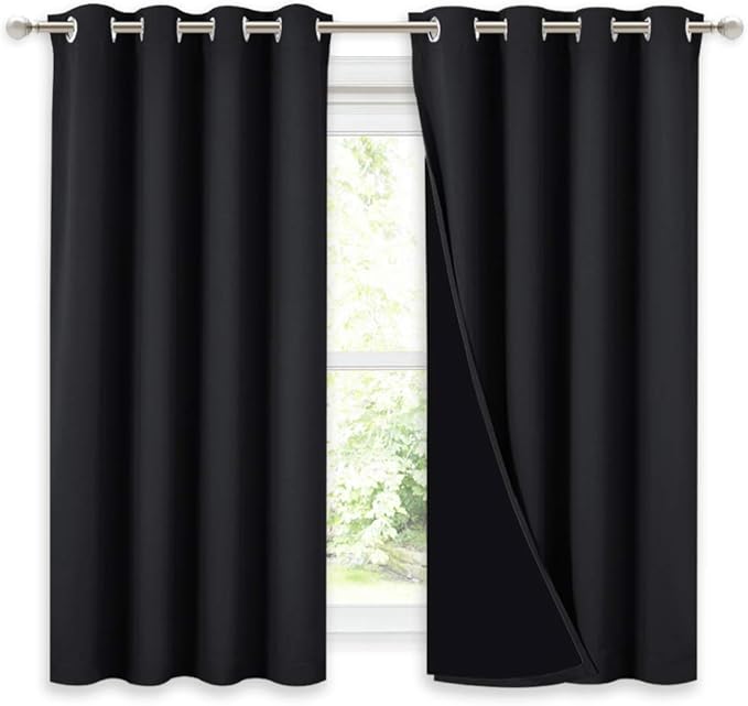 NICETOWN Truly Blackout Curtains 54 inches Length, 2 Thick Layers Completely Blackout Window Treatment Thermal Insulated Lined Drapes for Basement Window (Black, 1 Pair, 52 inches Width Each Panel)