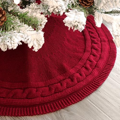 Christmas Tree Skirt 36 Inches: Braided Cable Knit Round Wine Red Tree Skirt, Thick Rustic Christmas Tree Decorations Neutral Christmas Decor Christmas Tree Skirts for Xmas Home Party Supplies