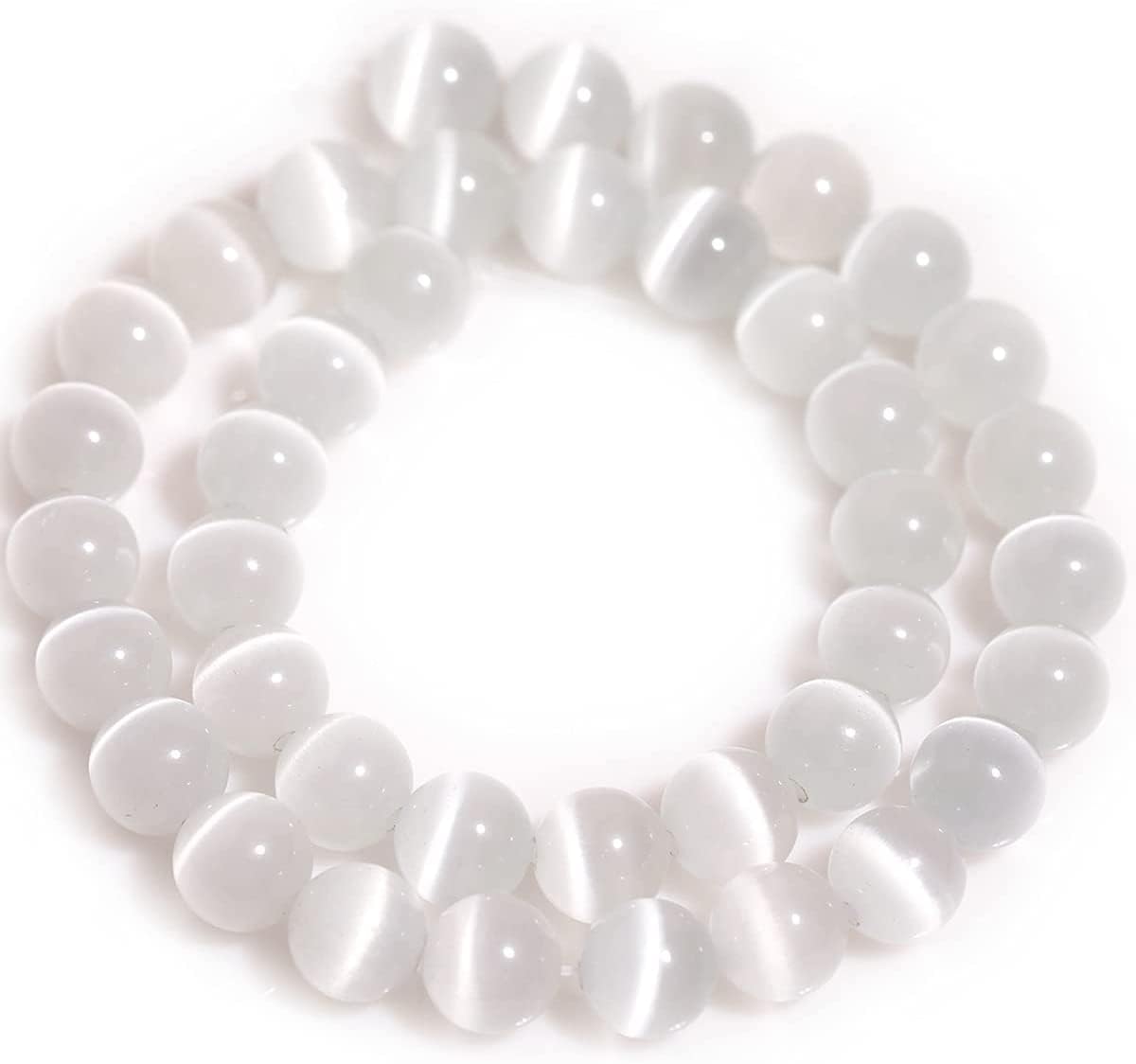 HAAMIIQII 45pcs 8mm White Cat Eye Beads Round Loose Gemstone Beads for Jewelry Making Strand 15 Inch