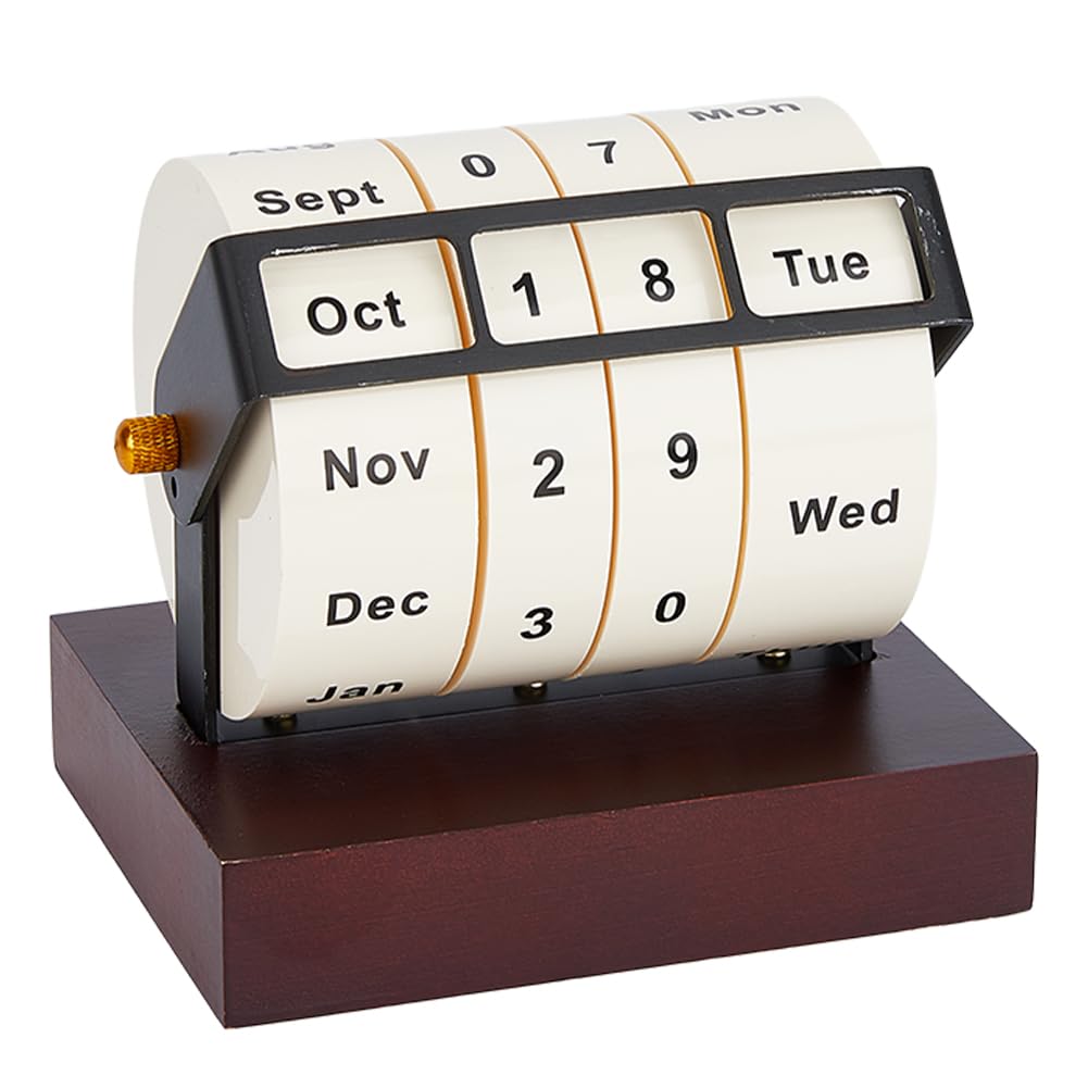 DICOSMETIC Wooden Rotating Perpetual Calendar Wood Creative Calendar Gift Month Week Day Date Display Desk Date Display for Home Office Decorations, 11.9x9.4x10.7cm