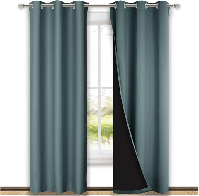 NICETOWN Greyish Blue Blackout Curtains 84 inches Long, Full Light Blocking Drapes with Black Liner for Nursery, Thermal Insulated Draperies for Hall, Villa (2 Pieces, 42" Wide Each Panel)