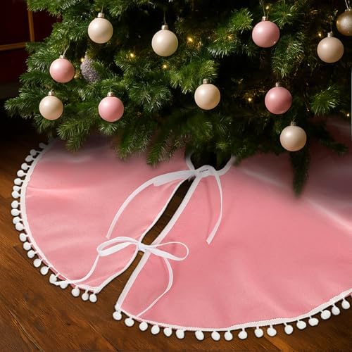 Syhood 30 Inch Christmas Tree Skirt Fall Linen Burlap Tree Skirt, Pink