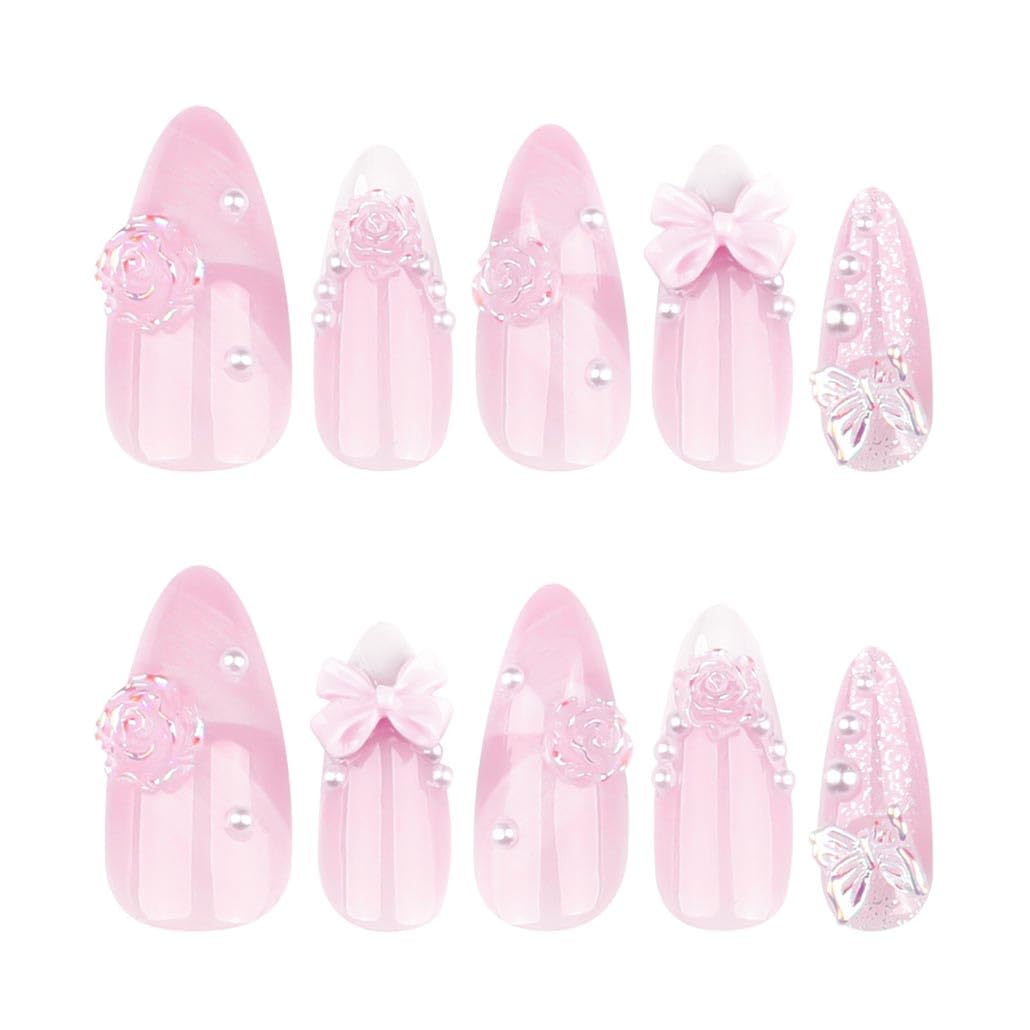 Foccna French Press on Nails Pink Medium, 3D Flower Fake Nails Almond Acrylic False Nails White,Artificial Nails for Women and Girls 24pcs