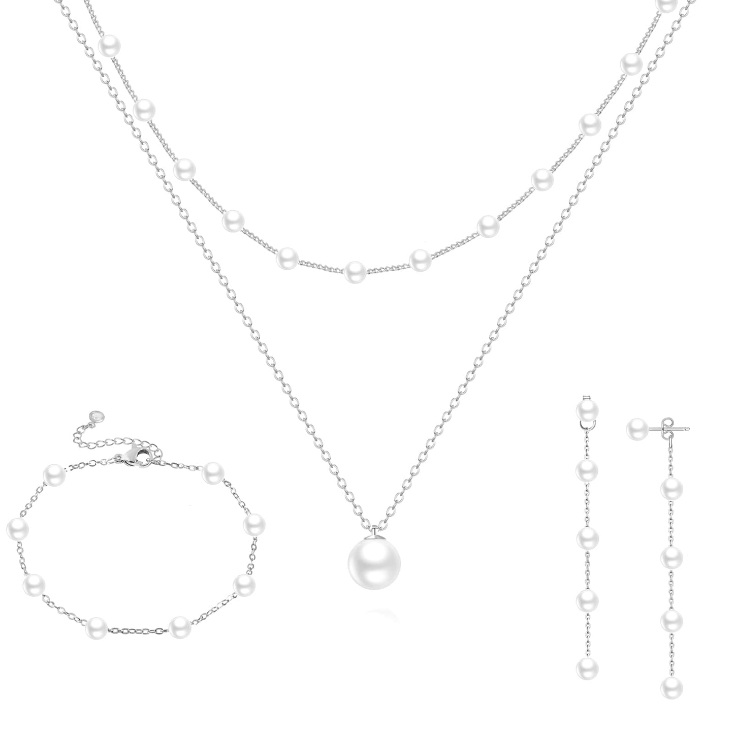 Zeffy Silver Jewelry Set for Women Dainty Pearl Necklace and Earring Set Pearls Drop Earrings Pearls Bracelets Wedding Pearl Jewelry Gift for Brides 4pcs