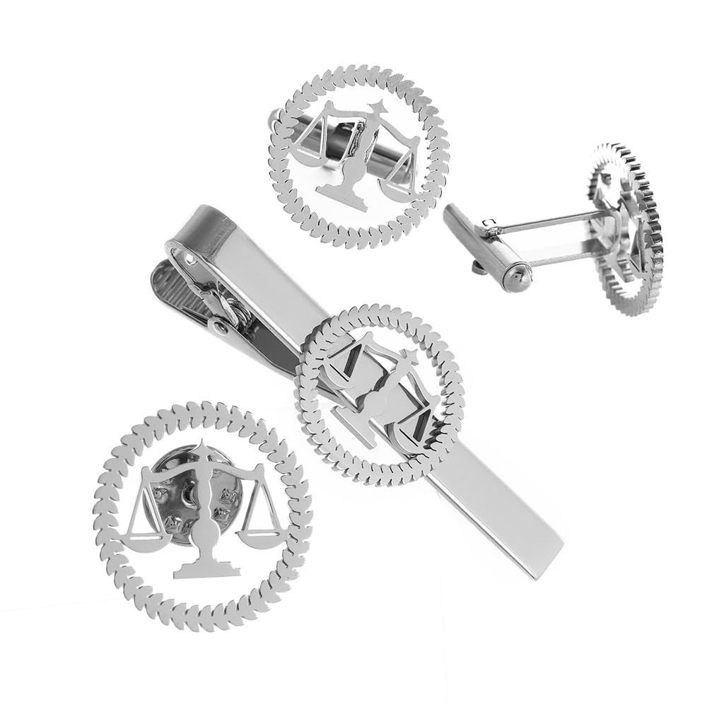 Metal Balance Badges Suit Brooch Libra Scales Brooches For Men (silver pin+tie clip+ cuff-link)