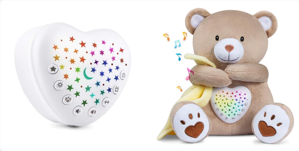 BEREST Baby Sleep Solutions Bundle: A13 White Noise Machine (15 Soothing Sounds, Cry Sensor) & Rechargeable Sleep Soother Bear (Mom's Heartbeat, Lullabies) with Night Light Projector for Nursery | Bab