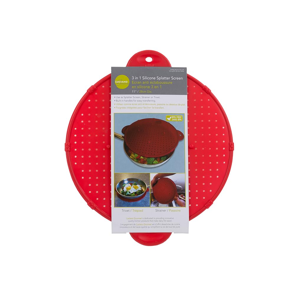 Luciano Housewares Multifunctional Frying Pan Silicone Splatter Screen, Red, Large