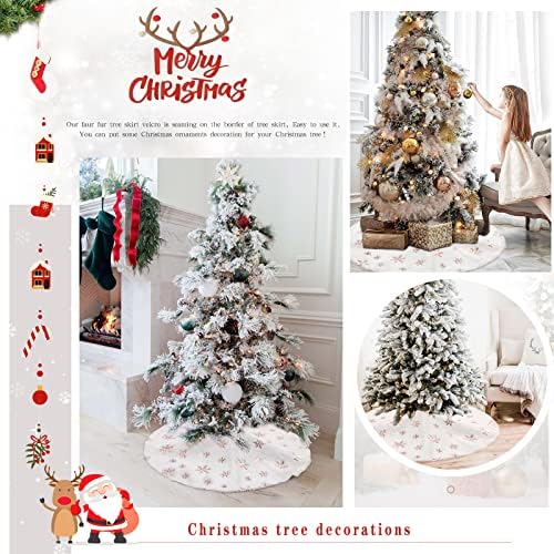 White Christmas Tree Skirt 24 Inch Small Faux Fur Rose Gold Snowflake Tree Skirt for Holiday Xmas Party Home Decorations