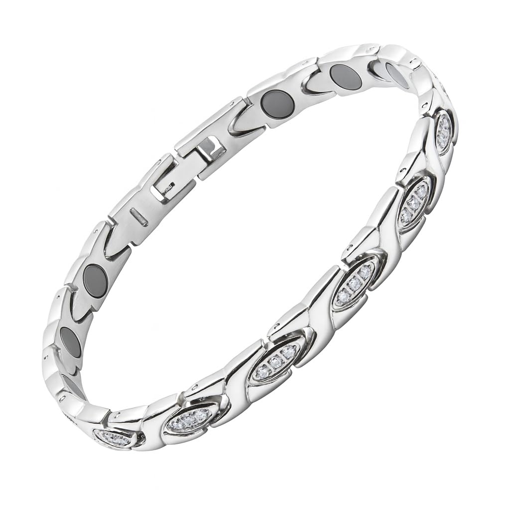 38 Elegant Titanium Magnetic Bracelet for Women Germanium and Magnetic Functions with Free Link Removal Tool Christmas gift (Silver With Zircon)