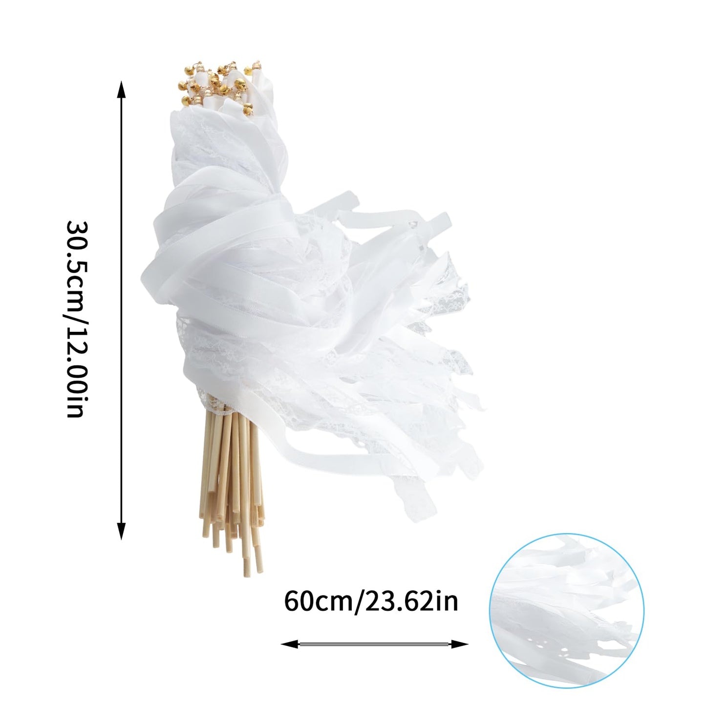 Trutob 30 Pcs Wedding Wand, White Ribbon Sticks, Wedding Streamers, Lace Ribbon Streamers, Wedding Exit Items, Send Off Wands, Props Sticks with Bells for Wedding Party Celebration Favors