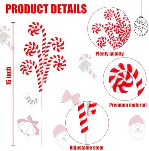 Sggvecsy 6 Pcs Christmas Tree Decoration Woolen Bells Candy Cane Shape Picks Lollipop Curly Pick Ornaments Xmas Tree Topper for Party Vase Filler Home Office Decor (Red)