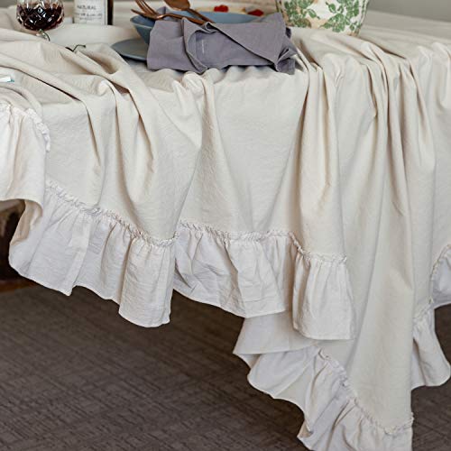 GLORY SEASON Retro Farmhouse Ruffle Tablecloth Cotton Flounces Trim Washable Table Cover Tablecloths for Rectangle Table Baby Shower Kitchen Party Wedding Decor, 52''x70'' - size: 52" x 70" (Rectangular)
