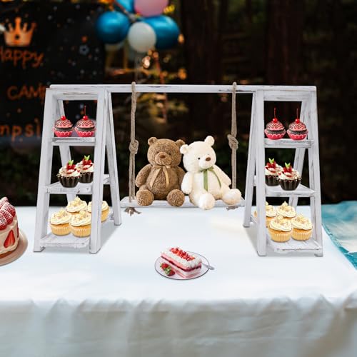 3 Tier Cupcake Stand 13.5in Wood Serving Tray Ladder with Removable Trays & Swing Plates, Foldable A-Shaped Table Display Set for Parties, Wedding, Home Decor