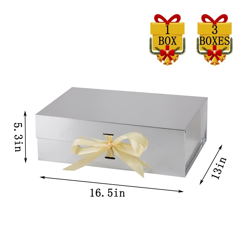 BoxSkivra Large Silver Gift Box with Ribbon 1 Pack 16.5X13X5.3 Inch Extra Large Gift Box with Lid Magnetic Closure Rectangle Collapsible Luxury Boxes for Wedding Dress、Shredded Paper Filler & Card