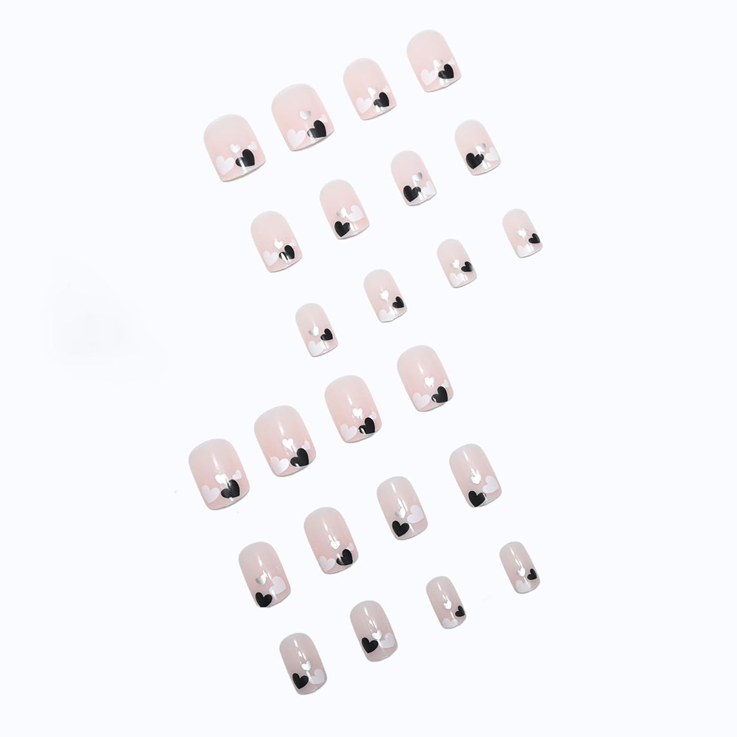 Press On Glossy Full Cover Acrylic Short Length Square False Nails with Black, White, Silver Heart Designs Artificial Square Shaped Fake Nails Glue Ons for Women & Girls