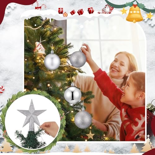 RoundFunny 25 Pcs Mini Christmas Balls Ornaments Set 2.36 Inch Christmas Day Ball Topper Star Tree Hanging Ornaments for Party Decoration(Silver)