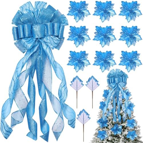 Syhood 13 Pcs Christmas Bow Tree Topper Set Blue