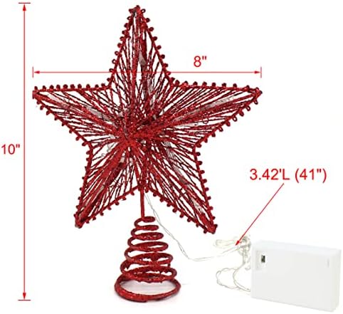CVHOMEDECO. Red Glittered 3D Tree Top Star with Warm White LED Lights and Timer for Christmas Tree Decoration and Holiday Seasonal Décor, 8 x 10 Inch