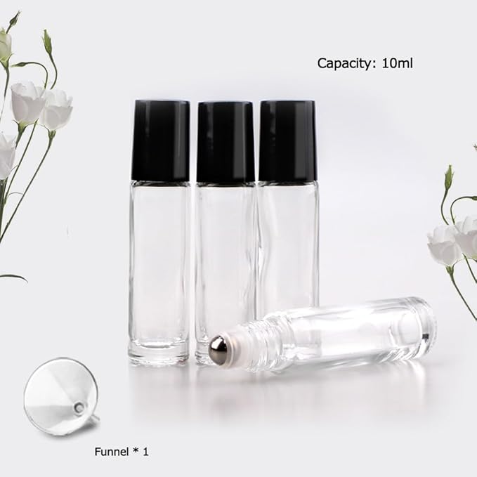 sungwoo 4 Pack Roller Bottles, 10 ml Essential Oil Glass Roller Bottles with Stainless Steel Roller Balls Clear