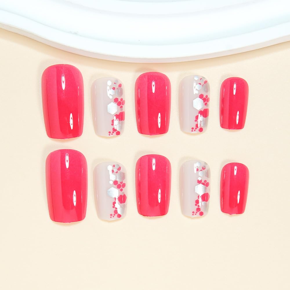 Rose Red Short Press on Nails Square Fake Nails with Designs Full Cover Glossy False Nails Artificial Acrylic Nail Press ons Reusable Short Nails Pink Glue on Nail for Women Manicure Kit 24Pcs