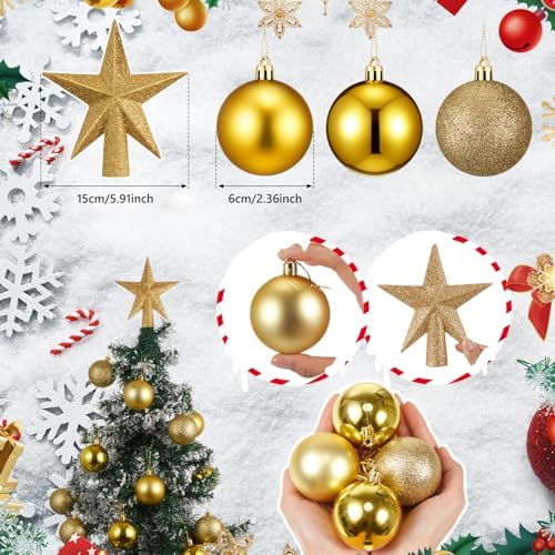RoundFunny 25 Pcs Mini Christmas Balls Ornaments Set 2.36 Inch Christmas Day Ball Topper Star Tree Hanging Ornaments for Party Decoration(Gold)