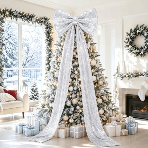 Giant Bow Decoration Silver Sequin Christmas Tree Bow 75 x 23 Inch Sparkle Large Bow with Long Ribbon Coquette Big Bows Decor for Xmas Tree Topper Mantel Display Holiday Porch Trim