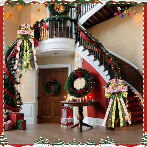 Suncalla 2 Pcs 44 x 13 Inch Large Christmas Tree Toppers Green Christmas Tree Ornaments Gingerbread Man Ribbon Bows Lime Green Glitter Polka Dot Wreath for Xmas Holiday Indoor Front Door Staircase