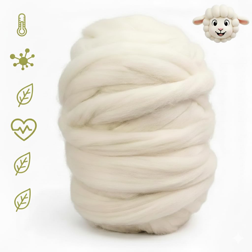 1 lb Merino Wool Roving Bulk 25 Micron, for Needle & Wet Felting, Hand Spinning Soft Chunky Jumbo|100% Natural Undyed (Off-White) Wool Yarn, Core, Combed Stuffing Clean carded