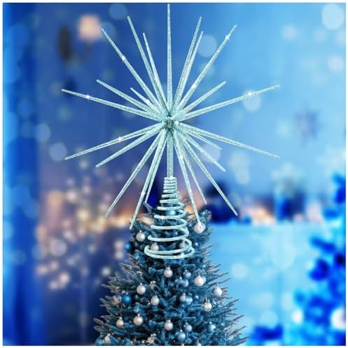 13.7 Inch Blue Christmas Tree Topper - 3D Burst Blue Tree Topper, Exploding Star Christmas Tree New Year Holiday Tree Decoration